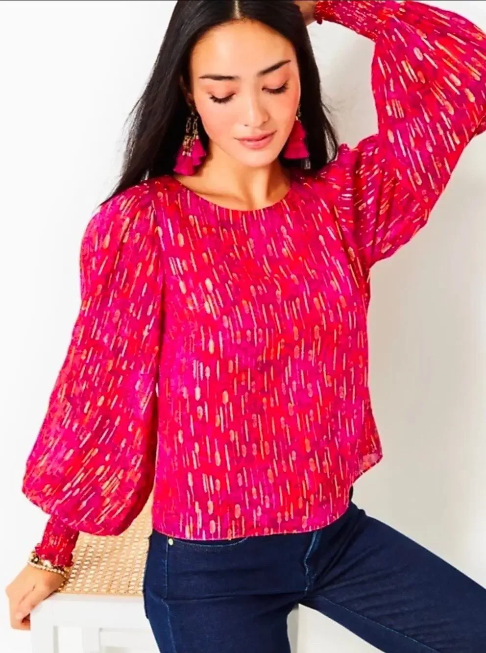 Lilly Pulitzer Metallic Shimmer Floral Puff Sleeve Blouse Top Pink Red Small NWT